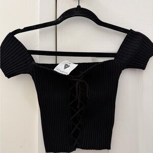 Timeless Black Ribbed Lace-Up Off-Shoulder Crop Top